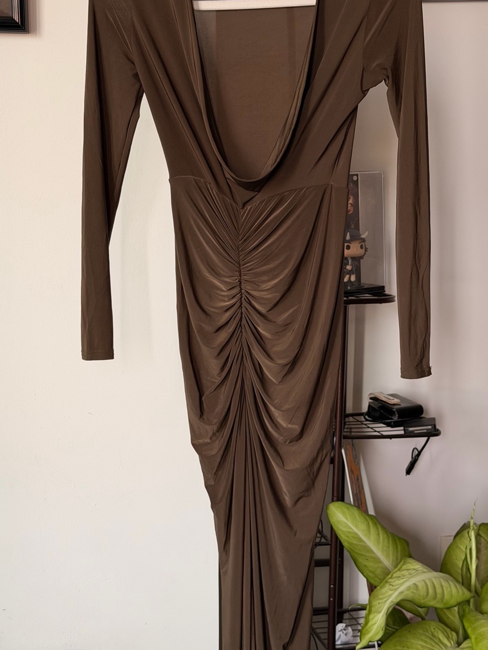 PrettyLittleThing Olive Brown Long Sleeve Ruched Cowl Midi Dress